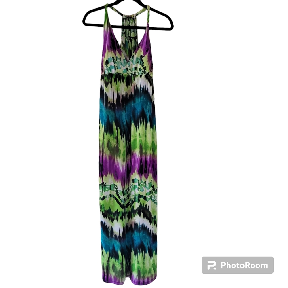 Rue 21 purple and green maxi dress. Razor back straps. Size medium.